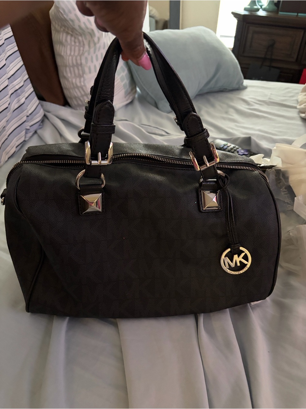 Michael Kors Black MK Signature Dome Satchel with Gold Hardware